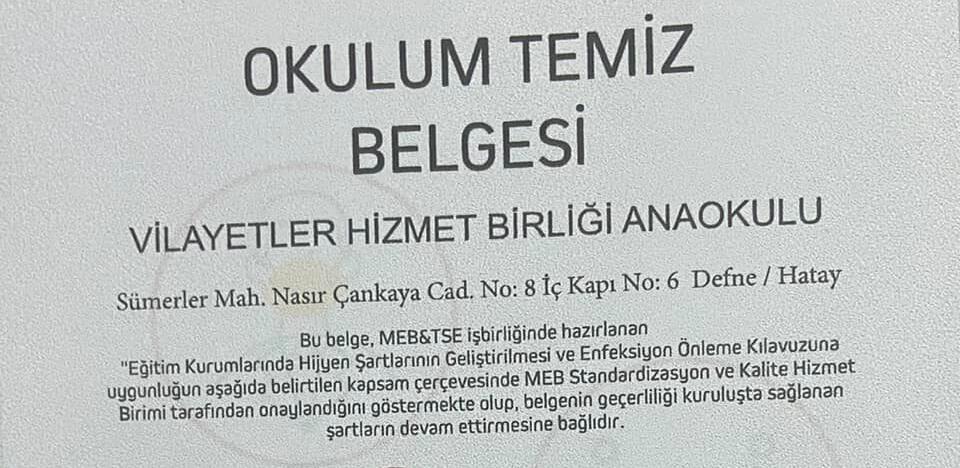 Vilayetler Birliği Anaokulu’na “Okulum Temiz Belgesi”