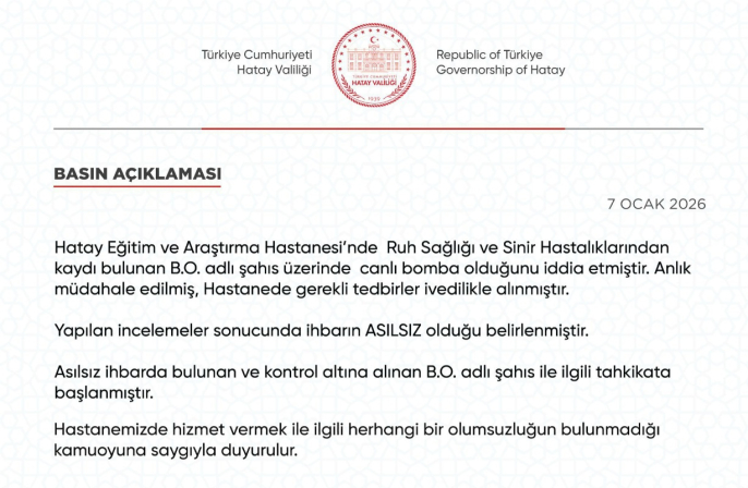 Hatay Eğitim ve Araştırma Hastanesi’ndeki Bomba İhbarı Asılsız Çıktı: Şüpheli Hakkında Tahkikat Başlatıldı